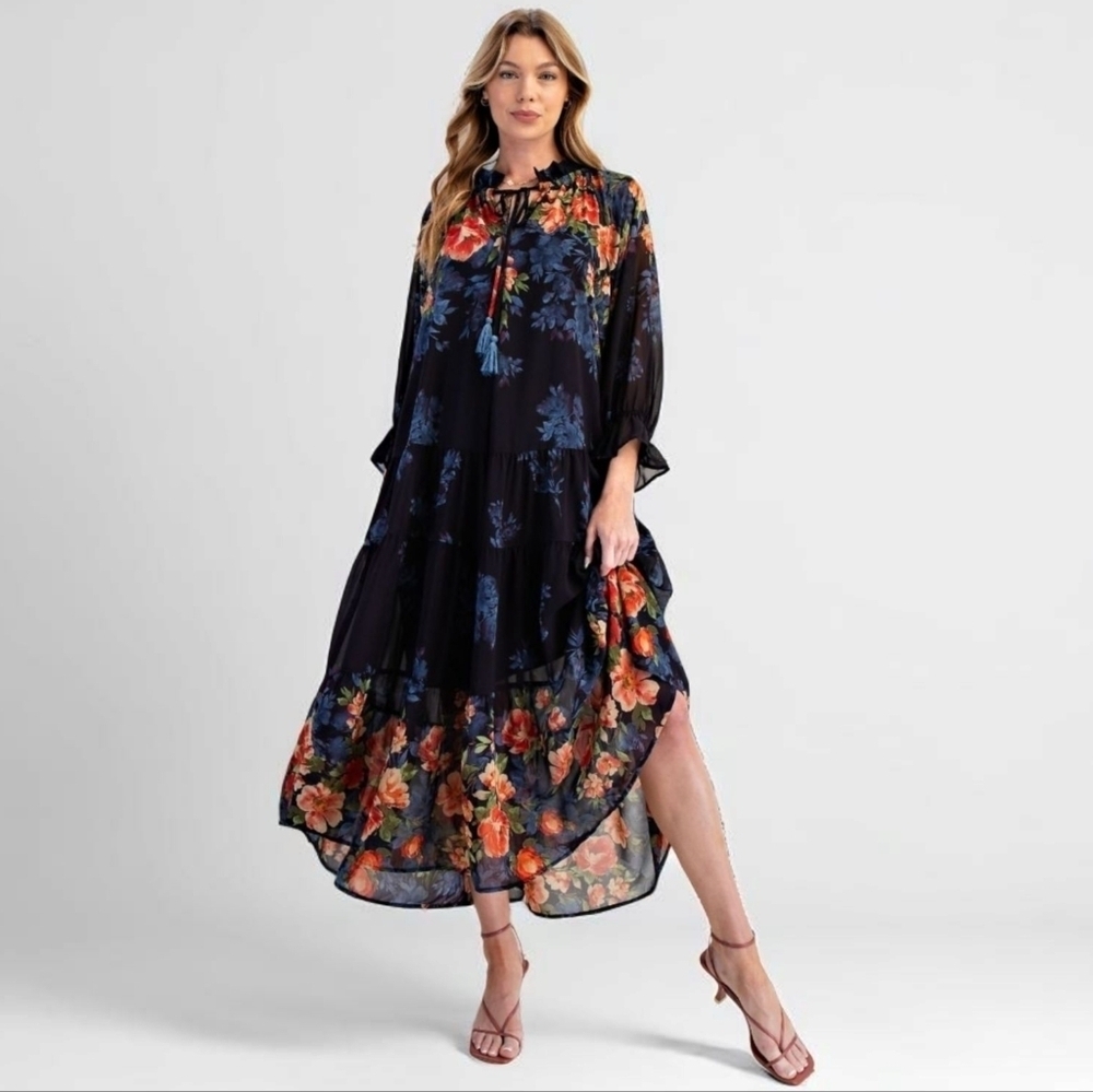 Easel Black Floral Print Long Sleeve Maxi Dress New